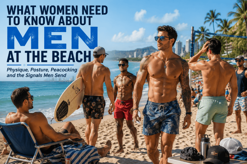 A group of confident men standing and walking on a sunny tropical beach, showing differences in physique, posture, tattoos, swimwear, grooming, and body language as examples of male social signaling.