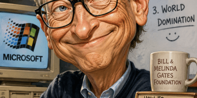 Caricature of Bill Gates seated at a desk in front of an old Microsoft computer, with an exaggerated grin, oversized glasses, a whiteboard reading “The Plan: Windows, Office, World Domination,” and a stack of satirical books beside him.