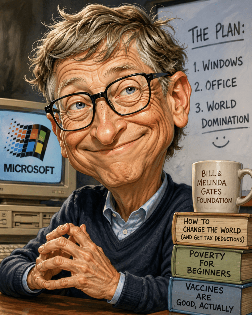 Caricature of Bill Gates seated at a desk in front of an old Microsoft computer, with an exaggerated grin, oversized glasses, a whiteboard reading “The Plan: Windows, Office, World Domination,” and a stack of satirical books beside him.