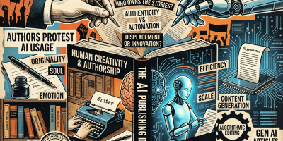 Illustration contrasting human creativity and AI automation in publishing with thematic text