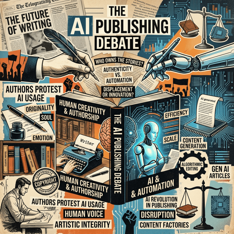 Illustration contrasting human creativity and AI automation in publishing with thematic text
