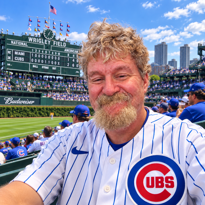 AI-created image of WPS News Editor-in-Chief Cliff Potts wearing a Chicago Cubs jersey and sitting among fans in the Wrigley Field bleachers, celebrating the Cubs clinching a 2026 postseason berth.