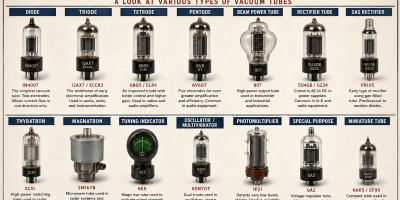 Educational Electronic Archaeology infographic showing common types of vacuum tubes, including diode, triode, tetrode, pentode, beam power tube, rectifier tube, thyratron, magnetron, tuning indicator, photomultiplier, voltage regulator, and miniature receiving tubes, with labels describing their functions.
