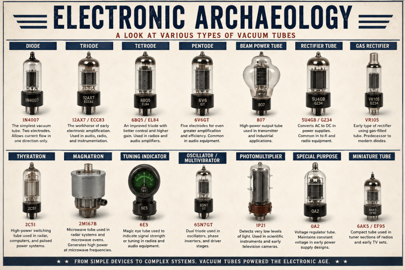 Educational Electronic Archaeology infographic showing common types of vacuum tubes, including diode, triode, tetrode, pentode, beam power tube, rectifier tube, thyratron, magnetron, tuning indicator, photomultiplier, voltage regulator, and miniature receiving tubes, with labels describing their functions.