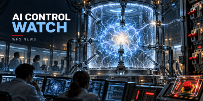 Engineers monitor a luminous artificial-intelligence network inside a reinforced containment chamber equipped with control mechanisms, warning lights and emergency shutdown switches.