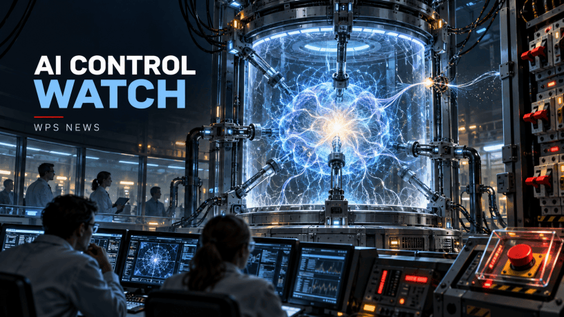 Engineers monitor a luminous artificial-intelligence network inside a reinforced containment chamber equipped with control mechanisms, warning lights and emergency shutdown switches.