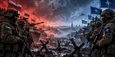 Illustrated scene of Russian troops and armored vehicles facing NATO soldiers and vehicles across barbed wire and muddy ground, with Russian flags on one side, NATO flags on the other, and a map of Europe in the stormy sky above.