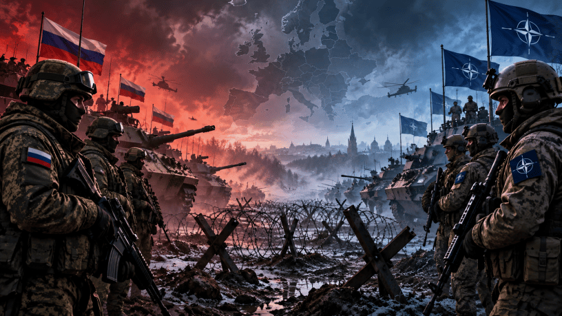 Illustrated scene of Russian troops and armored vehicles facing NATO soldiers and vehicles across barbed wire and muddy ground, with Russian flags on one side, NATO flags on the other, and a map of Europe in the stormy sky above.