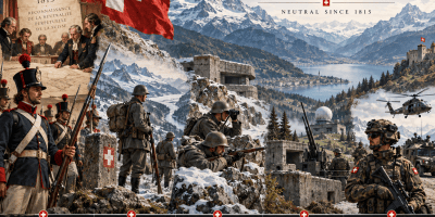 Illustrated timeline of Swiss armed neutrality from 1815 to today, showing historic and modern Swiss soldiers, alpine defenses, military equipment, the Swiss flag, and the Alps.