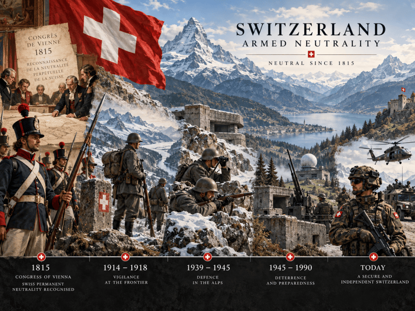 Illustrated timeline of Swiss armed neutrality from 1815 to today, showing historic and modern Swiss soldiers, alpine defenses, military equipment, the Swiss flag, and the Alps.
