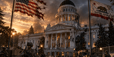 Illustration of the battle-scarred California State Capitol guarded by National Guard troops, with torn United States and California flags flying beneath a dark, smoky sky.