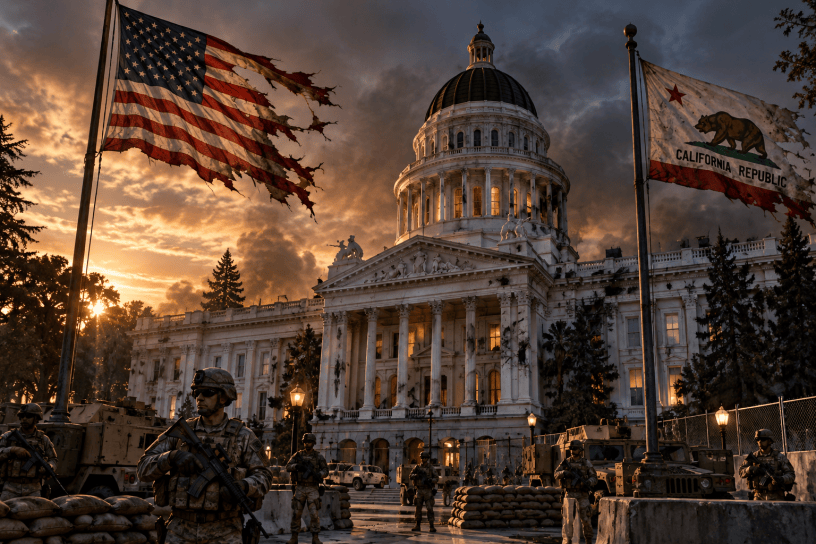 Illustration of the battle-scarred California State Capitol guarded by National Guard troops, with torn United States and California flags flying beneath a dark, smoky sky.