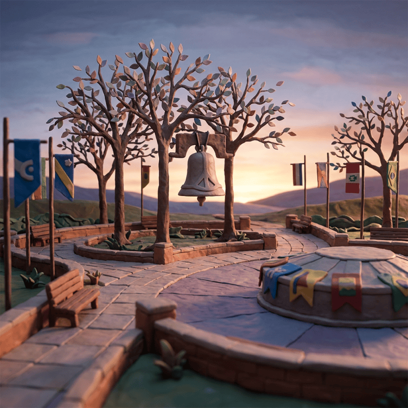 Bell hanging in a plaza surrounded by international flags at sunset