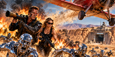 AI Control Watch illustration showing a Schwarzenegger-inspired Terminator, a T-X-inspired female cyborg, and advancing silver liquid-metal robots amid desert explosions, while an armed aviator flies a red biplane overhead. WPS News headline appears at upper left.