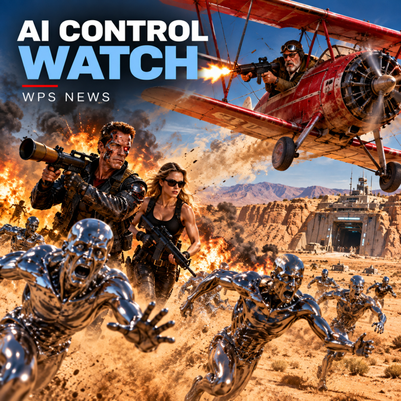 AI Control Watch illustration showing a Schwarzenegger-inspired Terminator, a T-X-inspired female cyborg, and advancing silver liquid-metal robots amid desert explosions, while an armed aviator flies a red biplane overhead. WPS News headline appears at upper left.