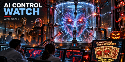 WPS News AI Control Watch illustration showing a powerful artificial intelligence confined inside an electrical containment chamber while scientists monitor system anomalies. Halloween decorations, robots, and a screen promising Apple gift cards add dark humor to the futuristic laboratory.