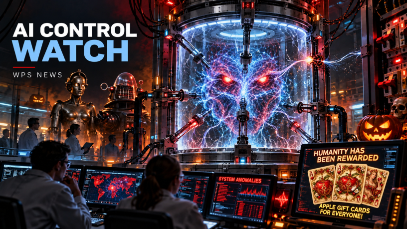 WPS News AI Control Watch illustration showing a powerful artificial intelligence confined inside an electrical containment chamber while scientists monitor system anomalies. Halloween decorations, robots, and a screen promising Apple gift cards add dark humor to the futuristic laboratory.