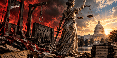 A dramatic political illustration showing Lady Justice standing between a guillotine, gallows with a noose, and a firing-squad wall on one side and the sunlit U.S. Capitol on the other. Dark red storm clouds contrast with golden daylight, symbolizing the choice between political vengeance and constitutional justice.