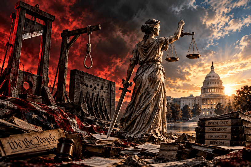 A dramatic political illustration showing Lady Justice standing between a guillotine, gallows with a noose, and a firing-squad wall on one side and the sunlit U.S. Capitol on the other. Dark red storm clouds contrast with golden daylight, symbolizing the choice between political vengeance and constitutional justice.