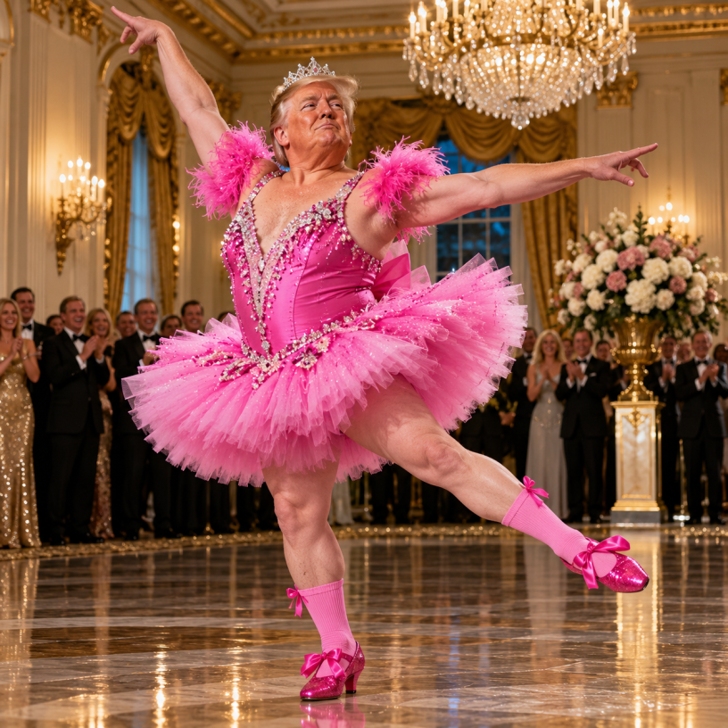 Satirical image of Donald Trump performing an extravagant ballet pose in a sparkling pink tutu, tiara, pink socks and glittering shoes inside an ornate ballroom as formally dressed guests applaud.