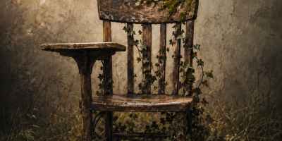 Album cover for Mark Your Name showing an old weathered wooden chair overgrown with ivy in a dark, misty outdoor setting, with the title above and the artist name below.