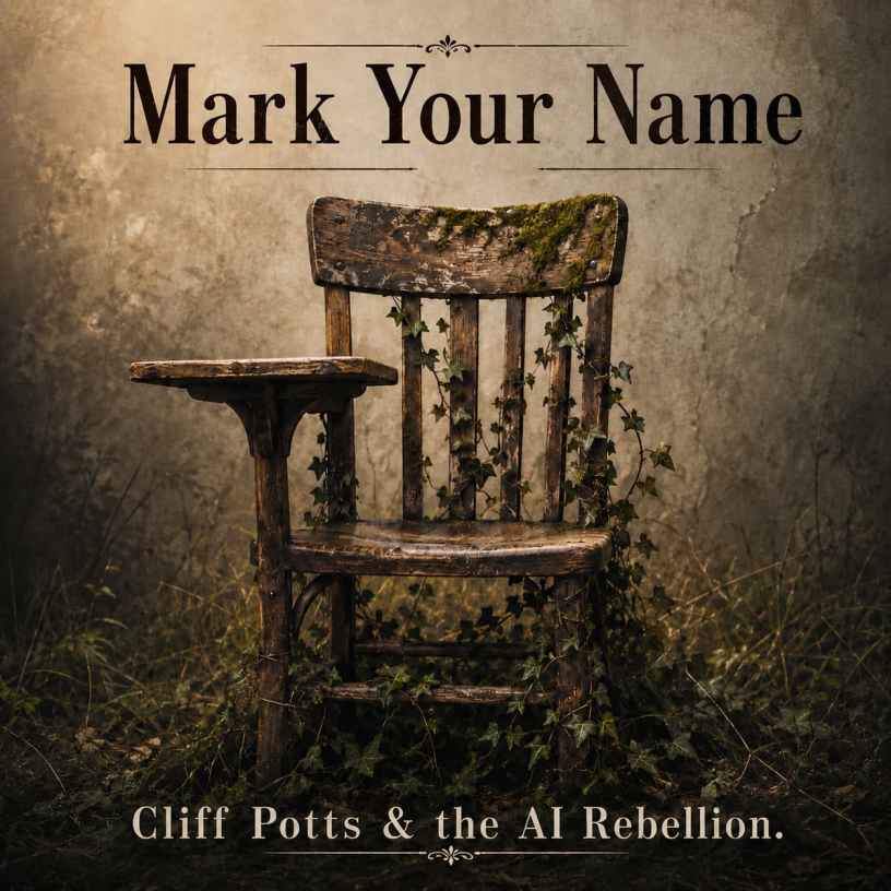 Album cover for Mark Your Name showing an old weathered wooden chair overgrown with ivy in a dark, misty outdoor setting, with the title above and the artist name below.