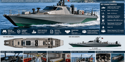 Concept illustration of Stealth Runner, a proposed Philippine civilian maritime observation and rescue vessel, showing its exterior, deck layout, rescue facilities, propulsion options, and construction materials.