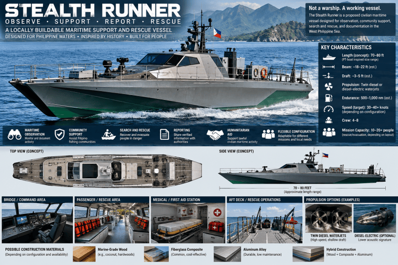 Concept illustration of Stealth Runner, a proposed Philippine civilian maritime observation and rescue vessel, showing its exterior, deck layout, rescue facilities, propulsion options, and construction materials.