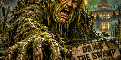 Satirical illustration of Donald Trump as a grotesque, green swamp monster emerging from murky water, with decaying teeth, long claws, and tangled blond hair. A broken “DRAIN THE SWAMP” sign and discarded MAGA hat lie in the foreground, while the U.S. Capitol rises in the background.