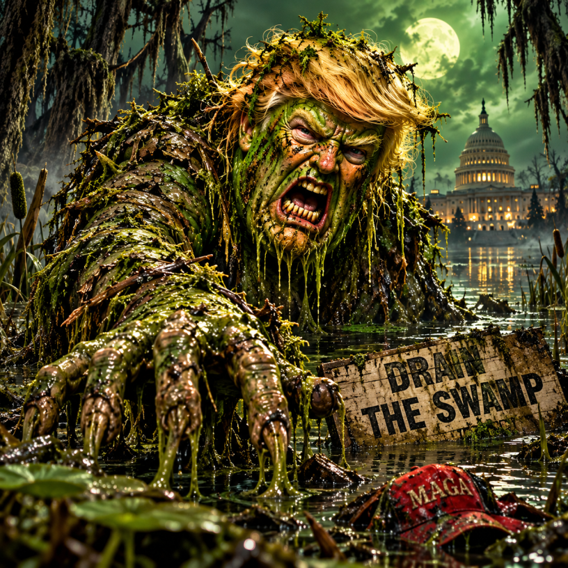 Satirical illustration of Donald Trump as a grotesque, green swamp monster emerging from murky water, with decaying teeth, long claws, and tangled blond hair. A broken “DRAIN THE SWAMP” sign and discarded MAGA hat lie in the foreground, while the U.S. Capitol rises in the background.