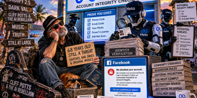 Satirical AI-generated illustration of Cliff Potts, an older gray-bearded musician wearing sunglasses and a black hat, sitting beside his guitar case at a fictional Meta account-integrity checkpoint in the Philippines. Robotic security officers examine his identification while signs demand proof of his existence and warn about guitars, original music, and sarcasm.