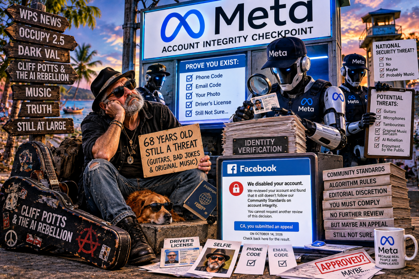 Satirical AI-generated illustration of Cliff Potts, an older gray-bearded musician wearing sunglasses and a black hat, sitting beside his guitar case at a fictional Meta account-integrity checkpoint in the Philippines. Robotic security officers examine his identification while signs demand proof of his existence and warn about guitars, original music, and sarcasm.