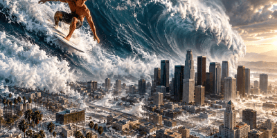 AI-generated illustration of a gigantic tsunami towering over downtown Los Angeles as a muscular blond young man rides a surfboard along the enormous wave.