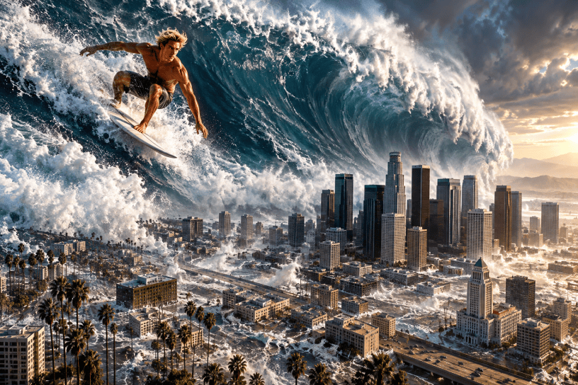 AI-generated illustration of a gigantic tsunami towering over downtown Los Angeles as a muscular blond young man rides a surfboard along the enormous wave.