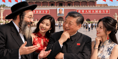 AI-generated satirical illustration of a smiling Hasidic Jewish man speaking animatedly with a Chinese political figure, accompanied by two elegantly dressed Chinese women in Tiananmen Square, Beijing, with the historic Tiananmen Gate and Chinese flags in the background.