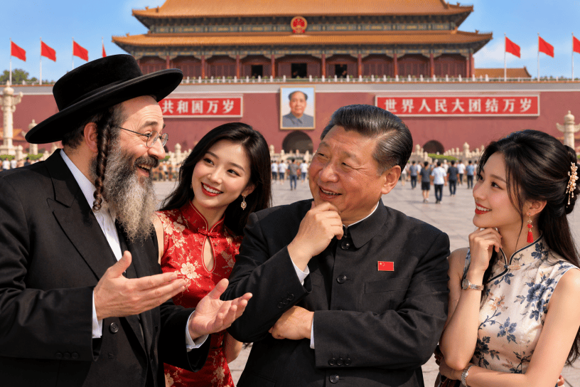 AI-generated satirical illustration of a smiling Hasidic Jewish man speaking animatedly with a Chinese political figure, accompanied by two elegantly dressed Chinese women in Tiananmen Square, Beijing, with the historic Tiananmen Gate and Chinese flags in the background.