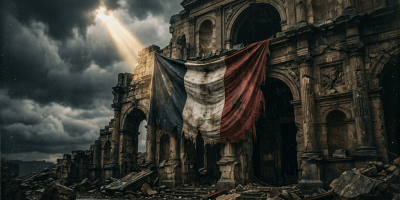 Weathered French flag draped across a ruined classical building