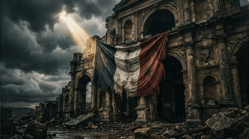 Weathered French flag draped across a ruined classical building