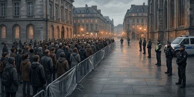 Crowd queued behind barriers while police officers stand beside a police van