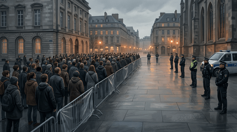 Crowd queued behind barriers while police officers stand beside a police van