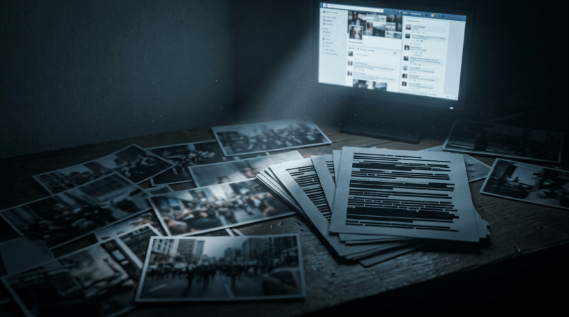 Printed photographs and redacted documents spread across a desk beside a computer