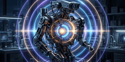Humanoid robot with glowing energy rings in a laboratory