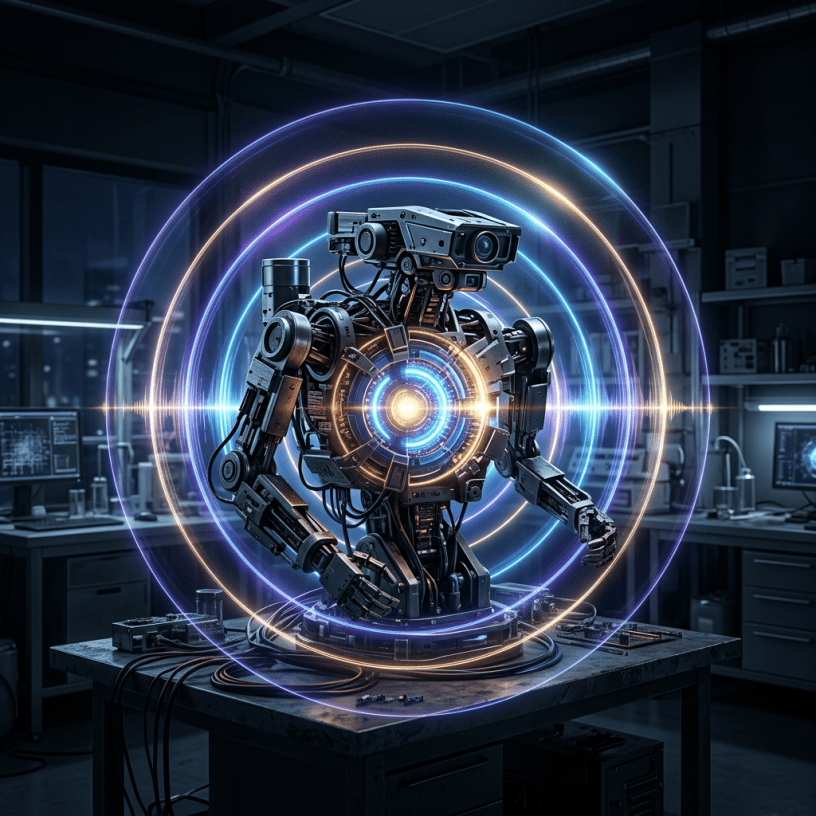 Humanoid robot with glowing energy rings in a laboratory
