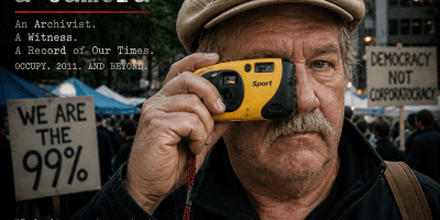 Older man wearing a khaki flat cap holds a small Kodak Sport camera up to his eye in a crowded Occupy protest setting, with signs reading “We Are the 99%” and “Democracy Not Corporatocracy” visible behind him, alongside overlay text describing him as an archivist and witness.