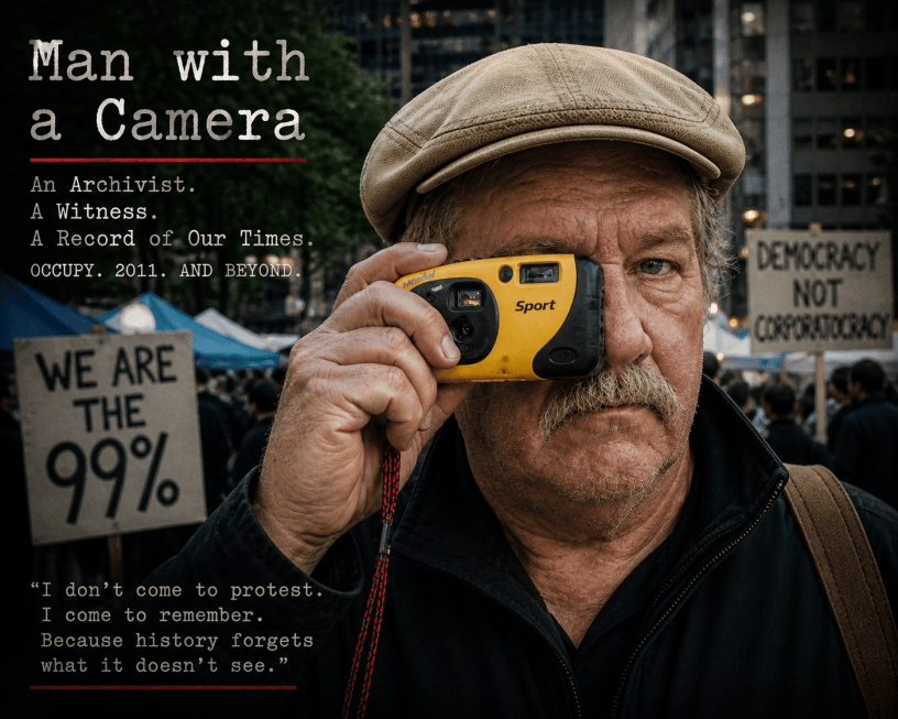 Older man wearing a khaki flat cap holds a small Kodak Sport camera up to his eye in a crowded Occupy protest setting, with signs reading “We Are the 99%” and “Democracy Not Corporatocracy” visible behind him, alongside overlay text describing him as an archivist and witness.