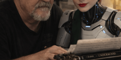 Cliff Potts working at a vintage typewriter beside a humanoid AI assistant, collaborating on a writing project in a softly lit newsroom.